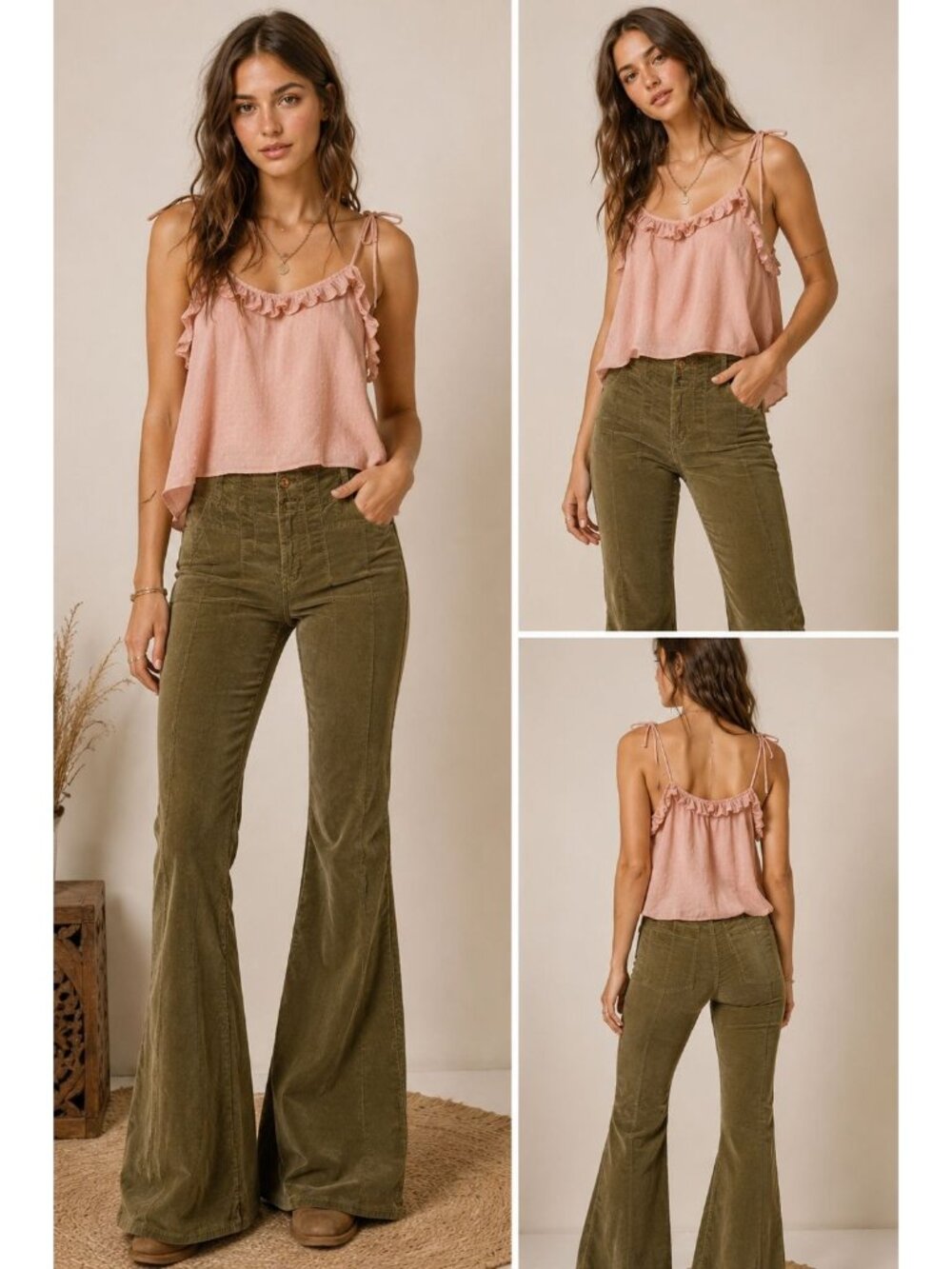 We The Free Corduroy High-Waisted Flare Pants Wide-Leg Retro Style khaki Size 25